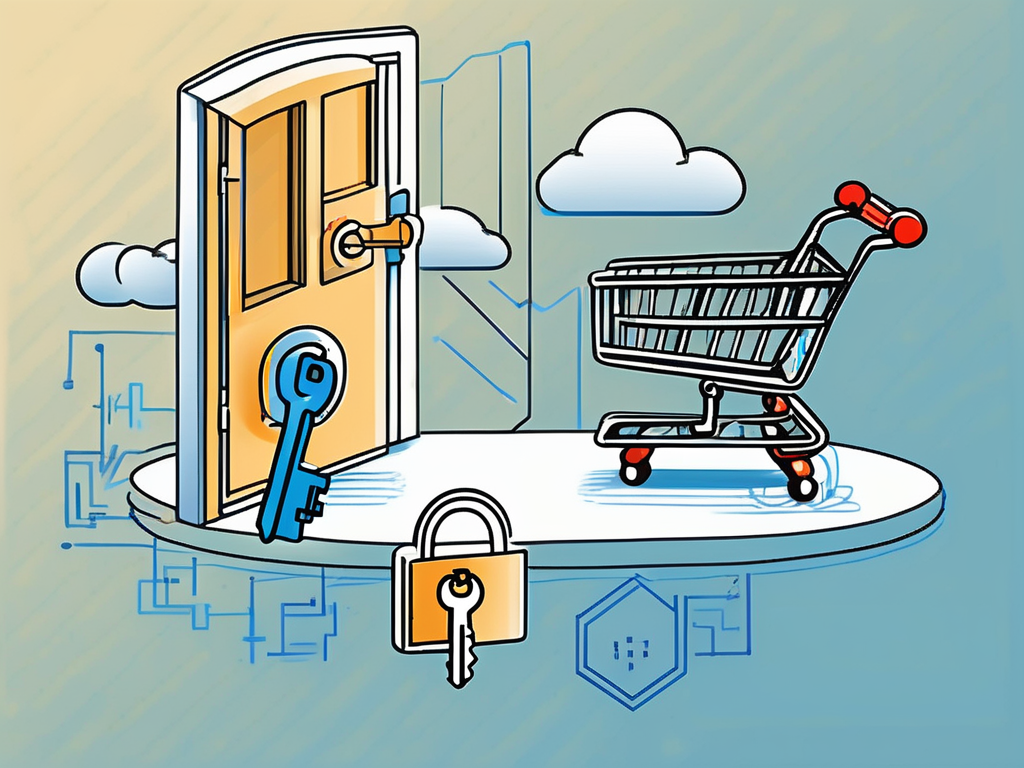 A key unlocking a symbolic door with various elements of online marketing such as a mouse cursor