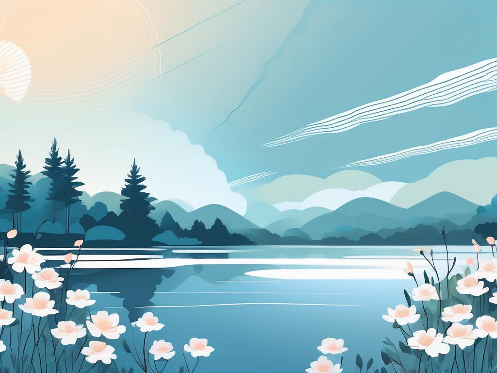 A serene landscape with a sunrise over a calm lake