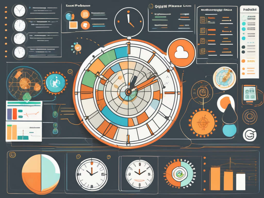 A digital planner surrounded by eight different icons representing various functions such as a magnifying glass for search