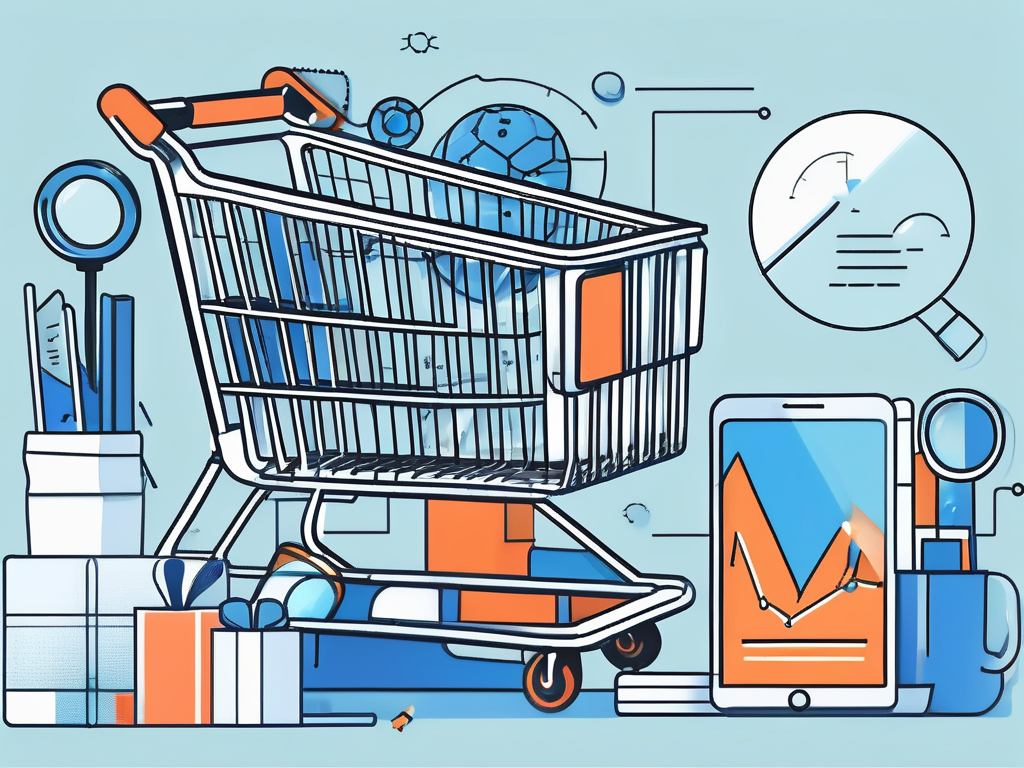 A shopping cart filled with various digital marketing tools and symbols