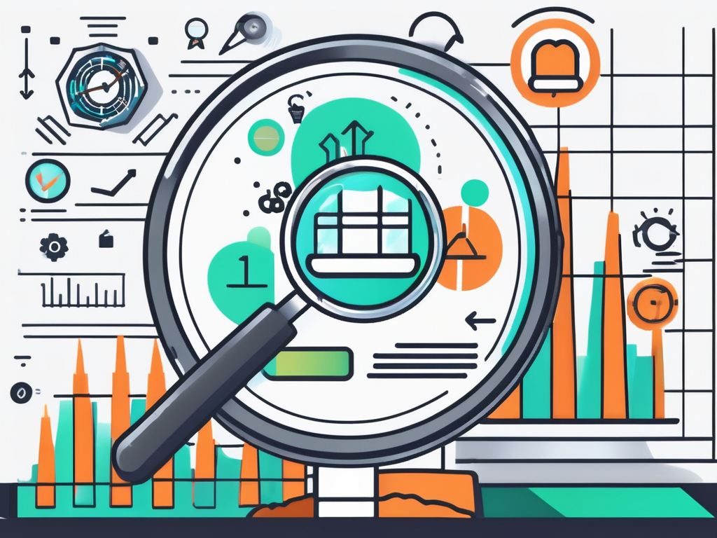 A magnifying glass focusing on a bar graph showing growth